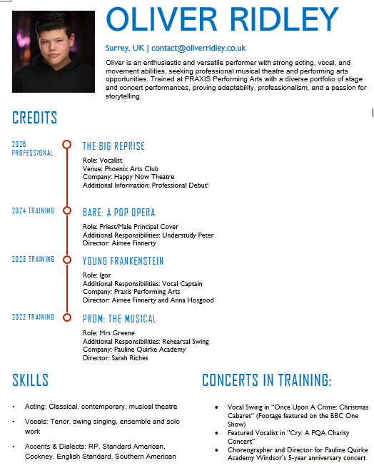 Oliver Ridley Performance Resume Preview